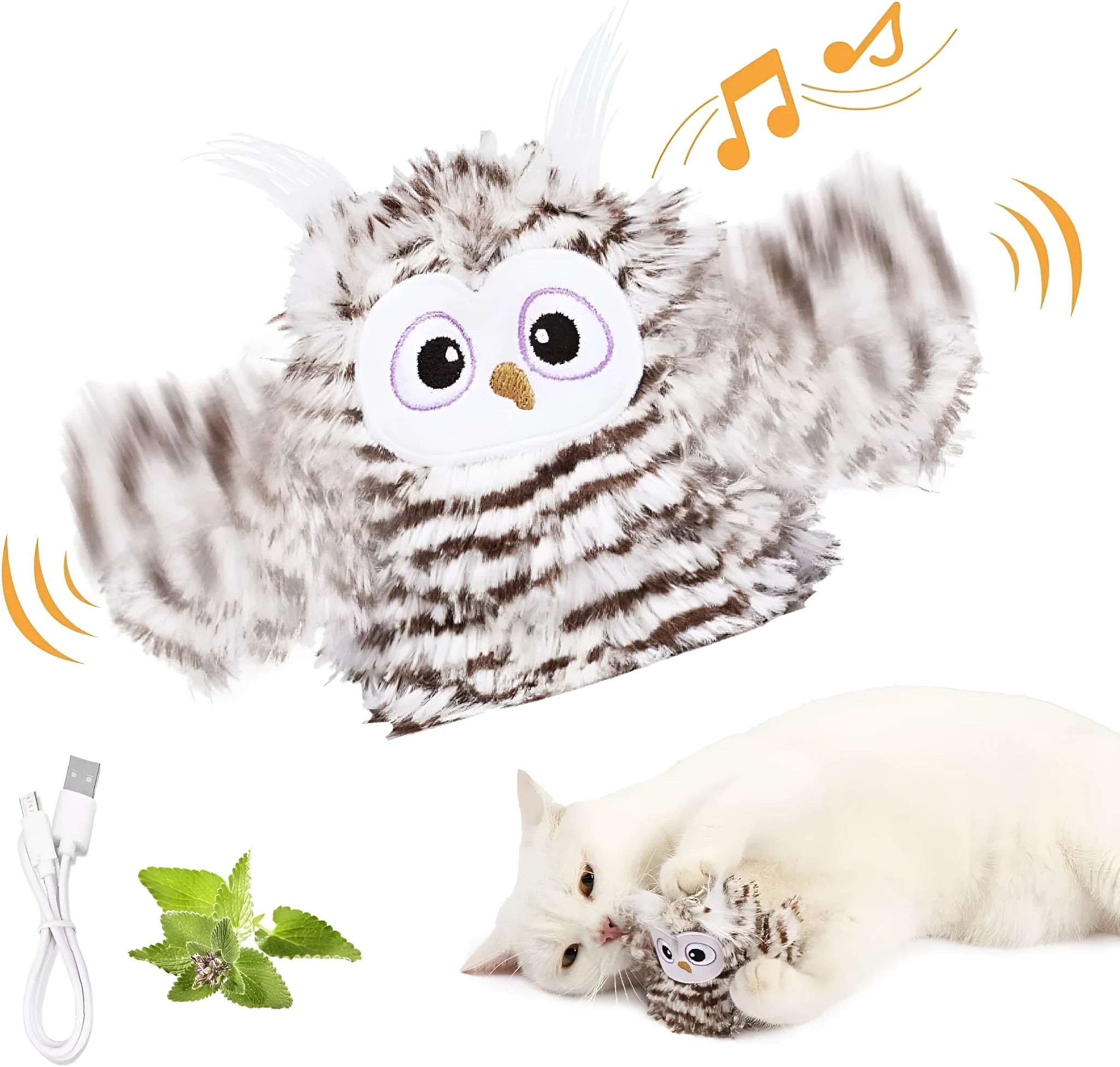 Grey automatic chirping owl cat toy with beating wings on a floor.