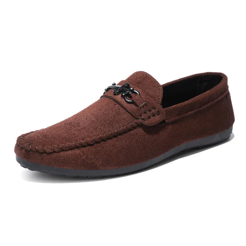 Men's waterproof black slip-on loafers with round toe and low stiletto heel on a rubber sole.