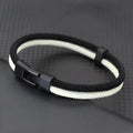 Handmade woven hand strap in black and white showing Milan rope alloy construction with size options