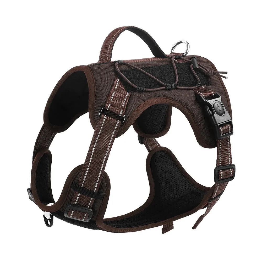 Orange reflective dog harness with a black integrated hand-holding rope, showing size adjustment straps.