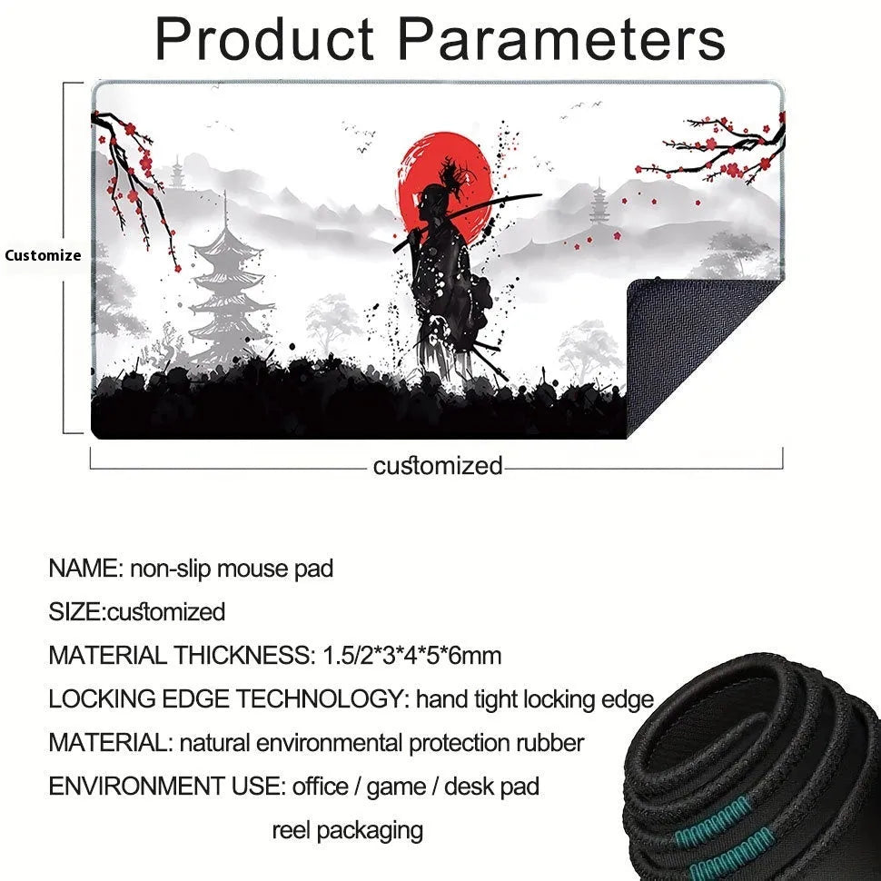 Japanese Samurai design gaming mouse pad on a desk, showing non-slip cloth base and thermal transfer print.