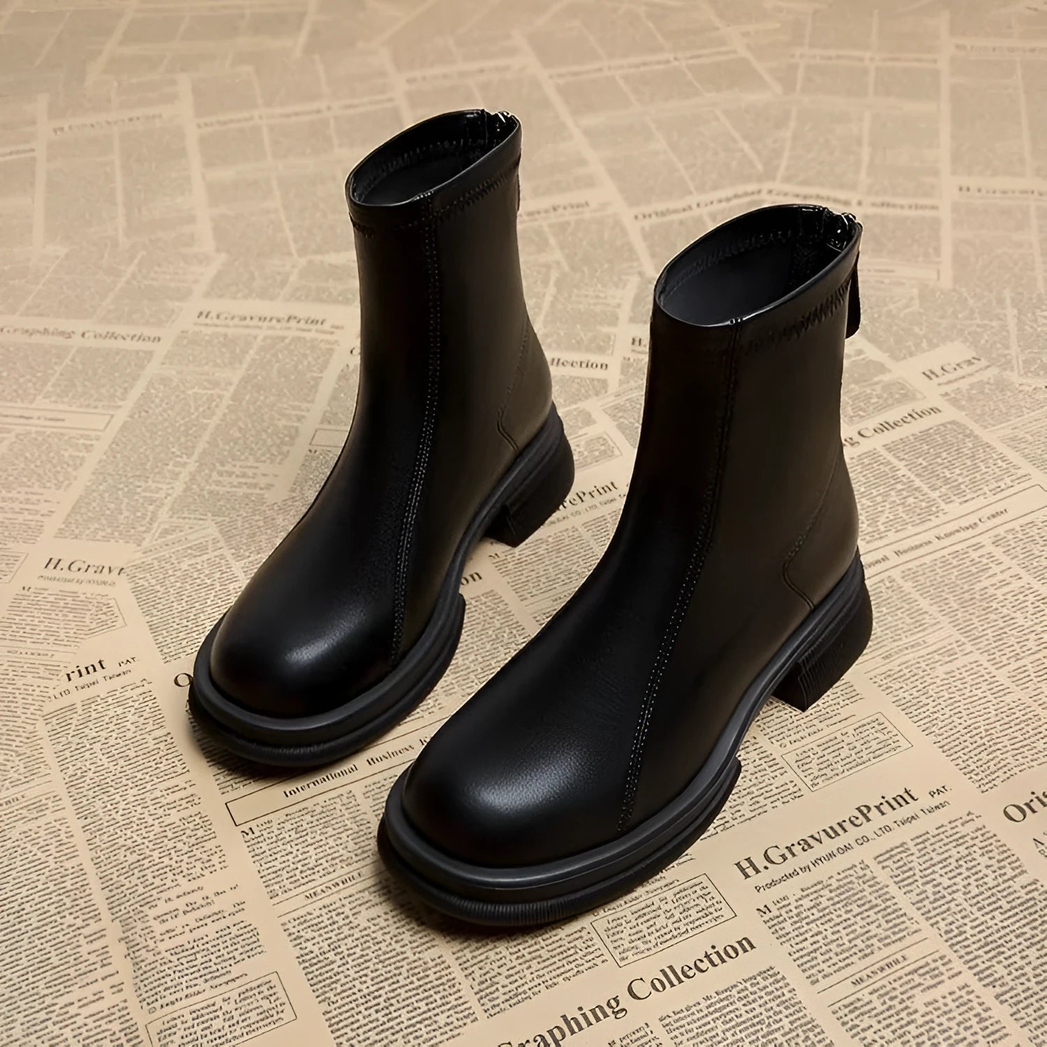 Women's black flat-heel ankle boot with back zipper and round toe on a neutral background.