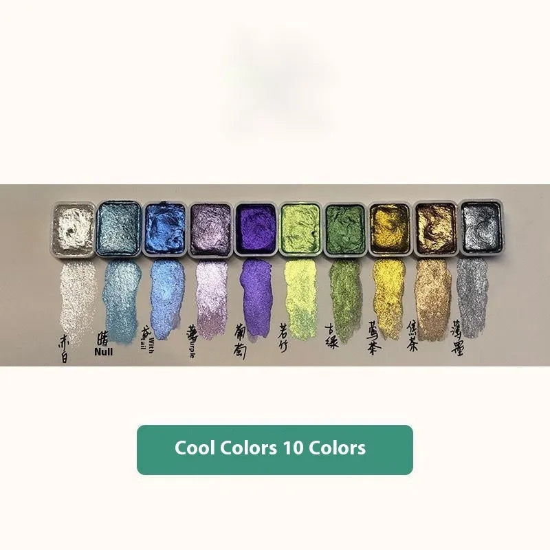 Set of Traditional Chinese painting mineral pearlescent watercolours showing tubes and containers for 20 colours, including gold shades.
