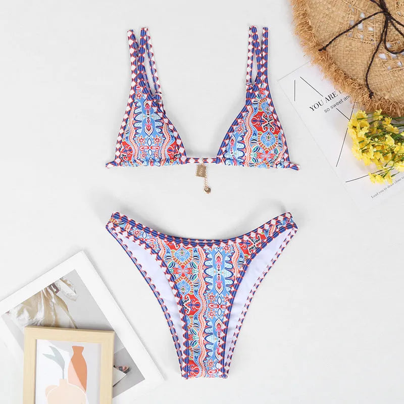 Retro printed women's bikini set in orange, pink, black, or blue colours for swimming sports