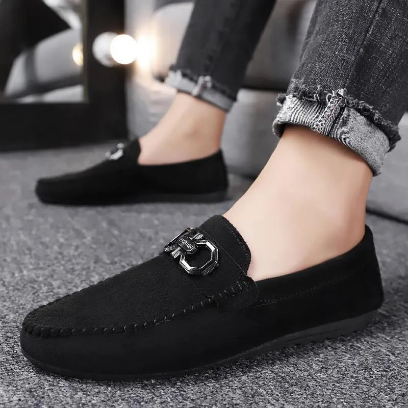 Men's black and grey suede leather casual shoes with rubber soles for summer wear