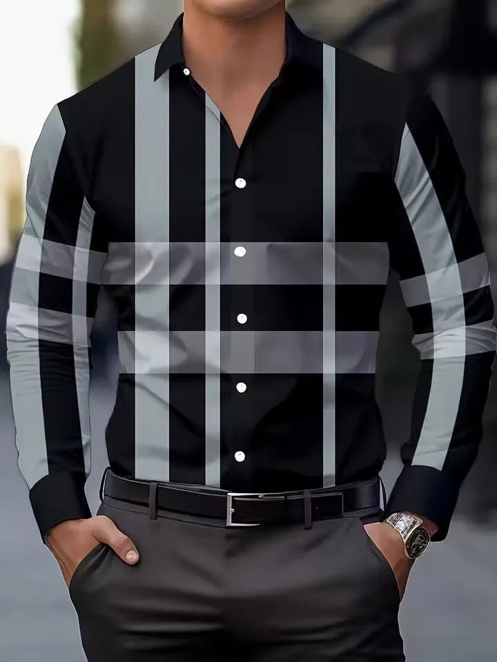 Men's striped long sleeve button-down shirt in polyester, shown in one of four available colours.