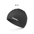 Black silicone swimming cap with white letter pattern and integrated waterproof earmuffs.