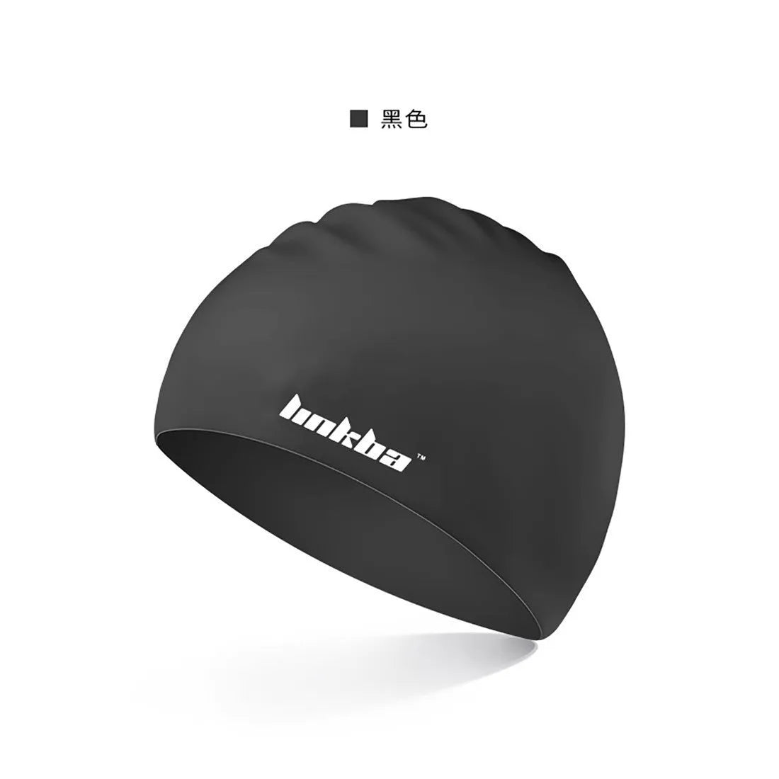 Black silicone swimming cap with white letter pattern and integrated waterproof earmuffs.