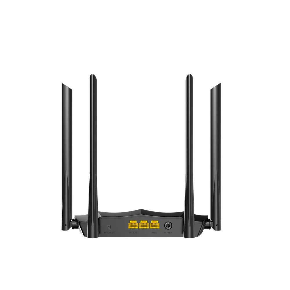 Dual-band wireless router with multiple antennas and gigabit Ethernet ports on the rear panel.