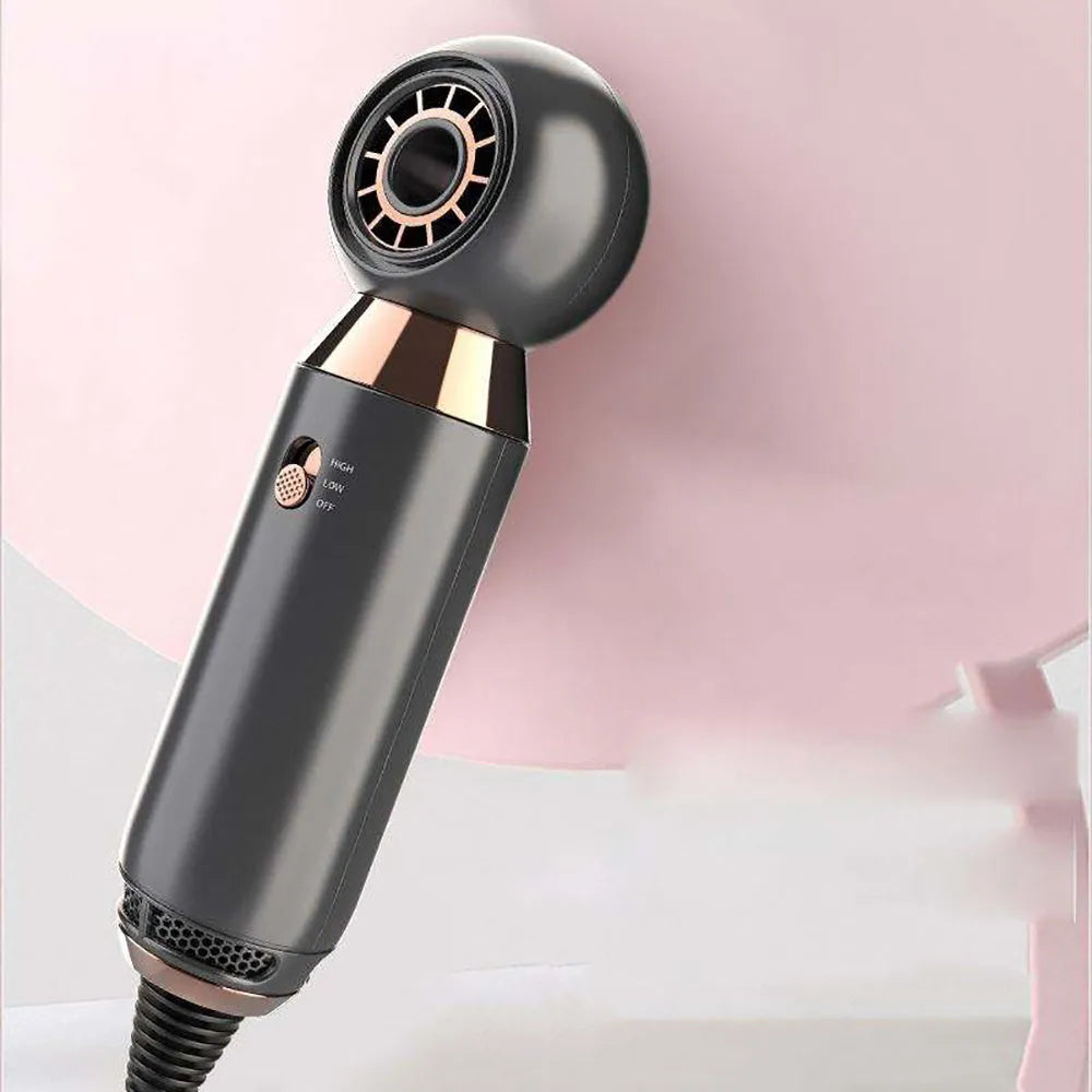 Compact leafless hair dryer with diffuser attachment showing 20cm length and lightweight design