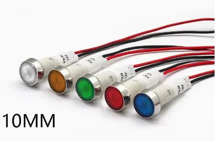 10mm stainless steel edge plastic indicator light with wire, showing blue, green, red, white, and yellow colour options.