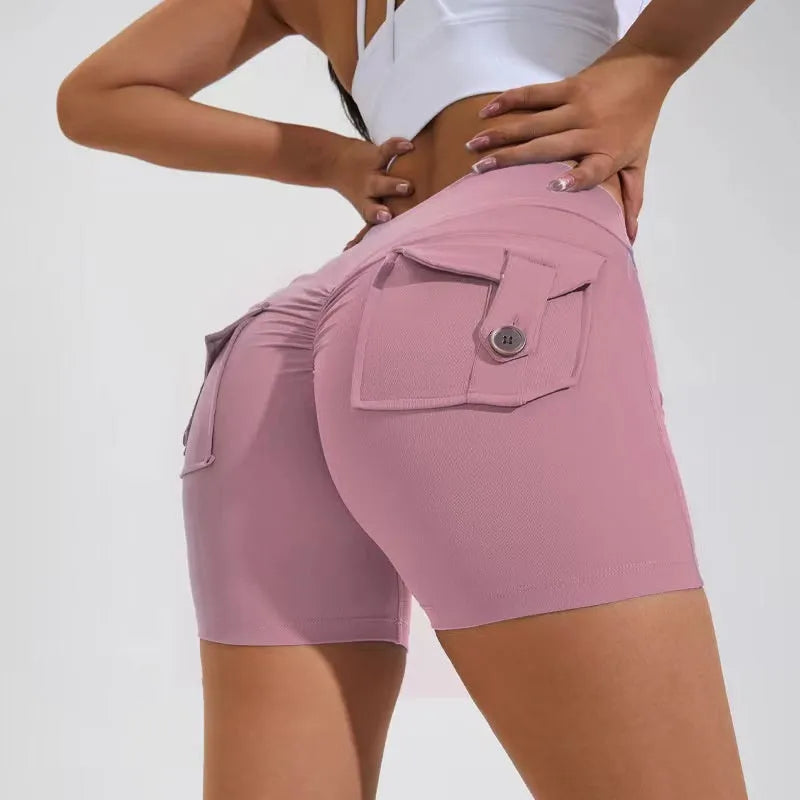 Women's high waist fitness shorts with pockets in avocado green colour for yoga and workouts