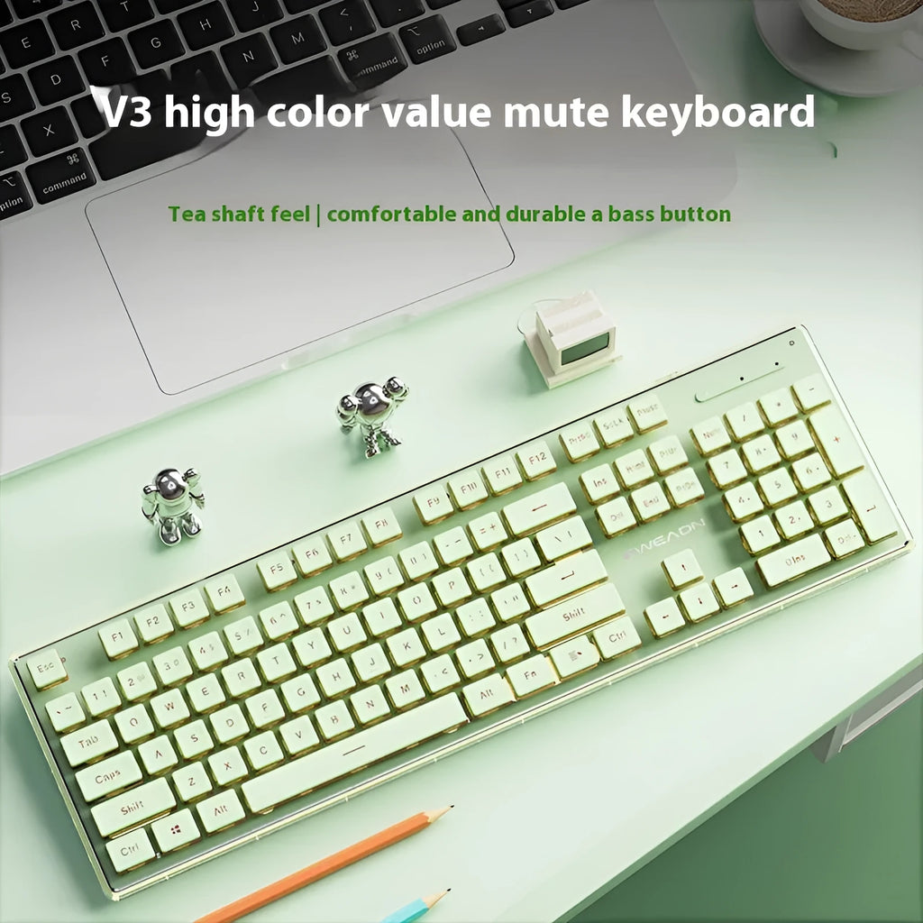 Prewalker V3 mute mechanical feeling keyboard and mouse set in retro green colour on a desk.