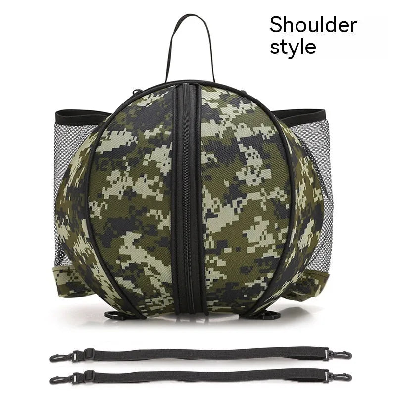 Black Oxford cloth basketball training bag with a single shoulder strap, shown next to a basketball.