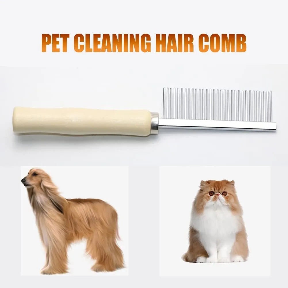 Wooden handle pet grooming comb for dogs and cats on a neutral background.